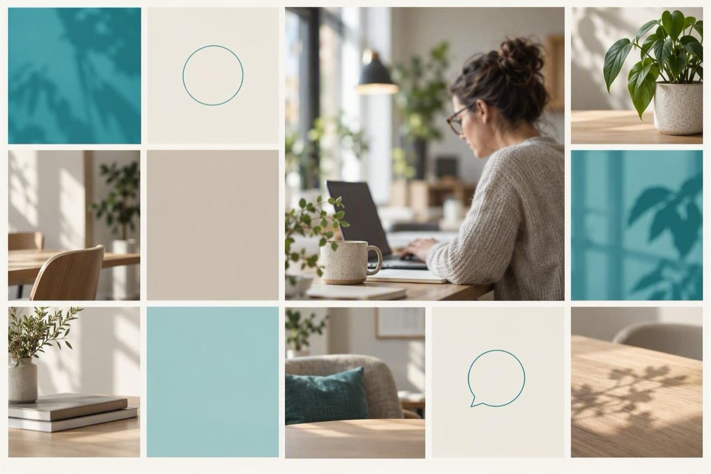 Weekbeeld Expertise: een mozaïek van tegels rond iemand die geconcentreerd achter een laptop werkt, in het groenblauw van week 3